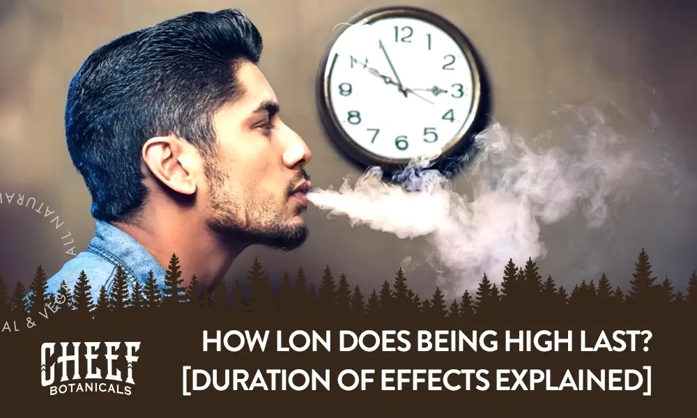 How Long does being High Last featured blog image by Cheef Botanicals. Show a man blowing out smoke with a clock on the wall.